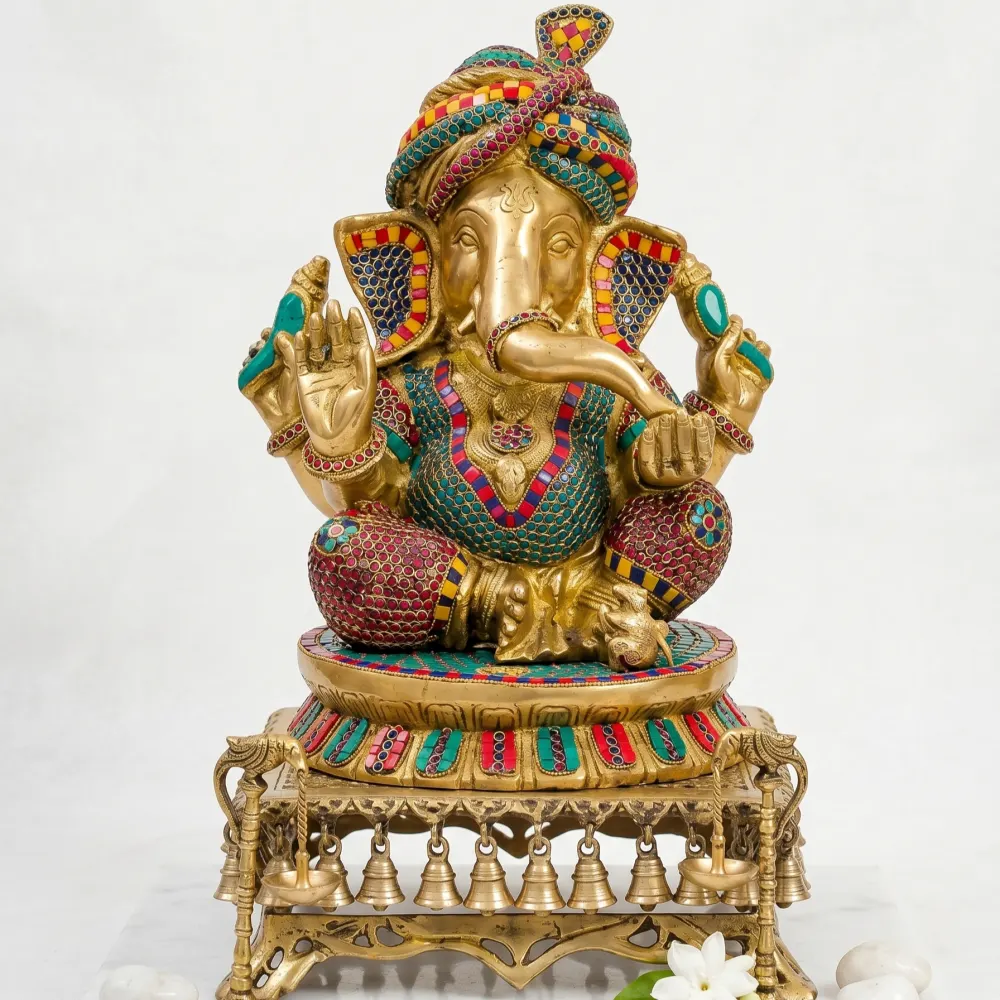 Majestic Brass Lord Ganesha Murti (20”) with Stone Work & Royal Paghdi