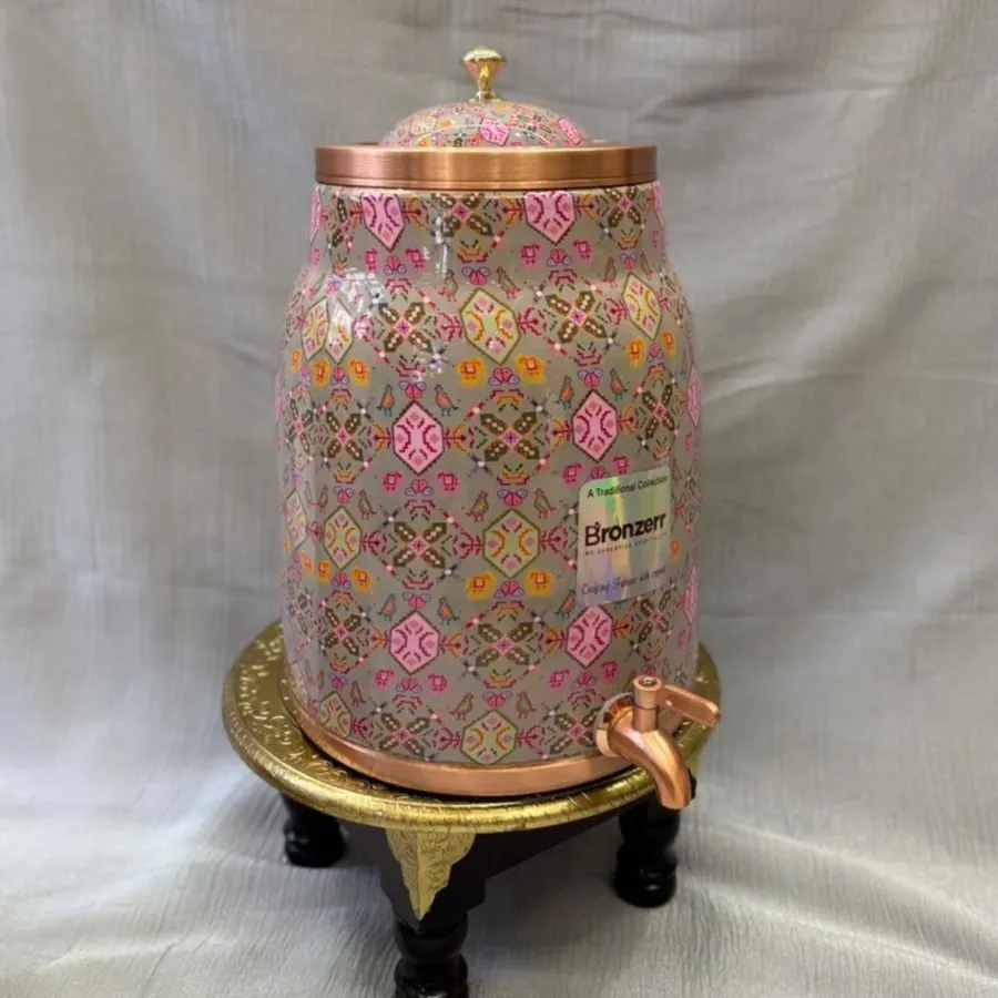 Copper Vintage Designer Matka (12 Litre) with Tap – Premium Printed Water Dispenser