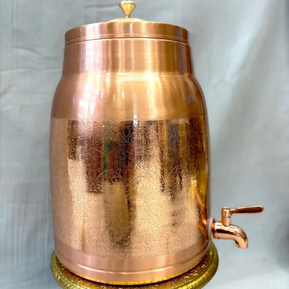 Copper Vintage Lekar Nakshi Matka (12 Litre) with Tap – Handcrafted Engraved