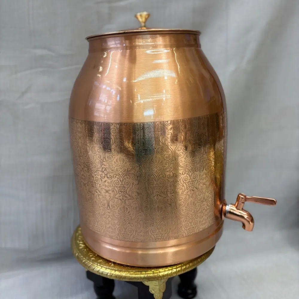 Copper Vintage Lekar Nakshi Matka (13 Litre) with Tap – Handcrafted Engraved