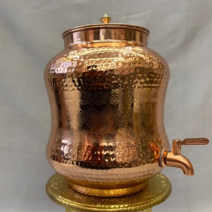 Copper Damru Half Mathad Half Nakshi Matka (10 Litre) with Tap – Hammered & Engraved