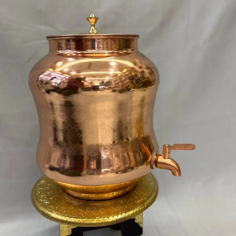 Copper Damru Half Plain Half Nakshi Matka (10 Litre) with Tap – Glossy Finish & Engraved