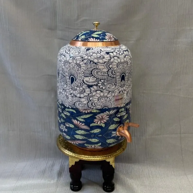 Copper Printed Water Matka (14 Litre) with Tap – Designer Floral