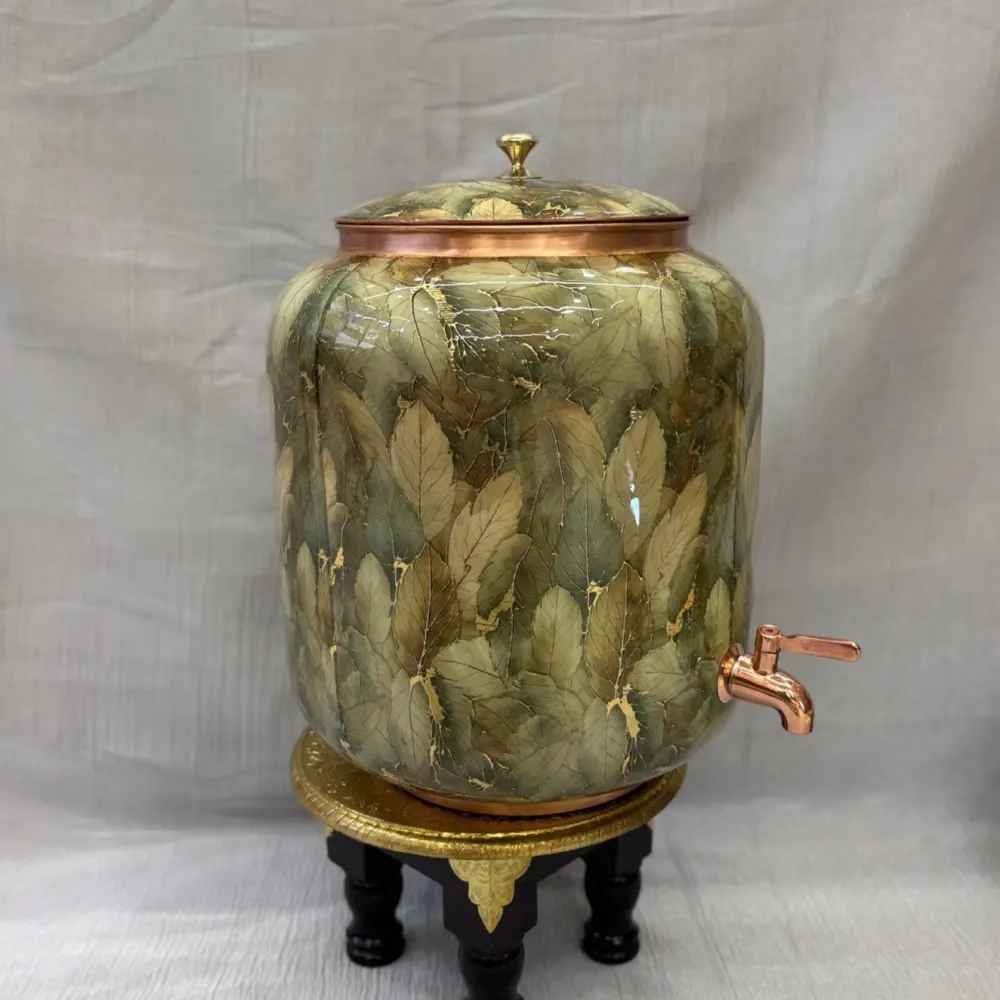 Copper Leaf Printed Water Matka (16 Litre) with Tap – Premium Green Design