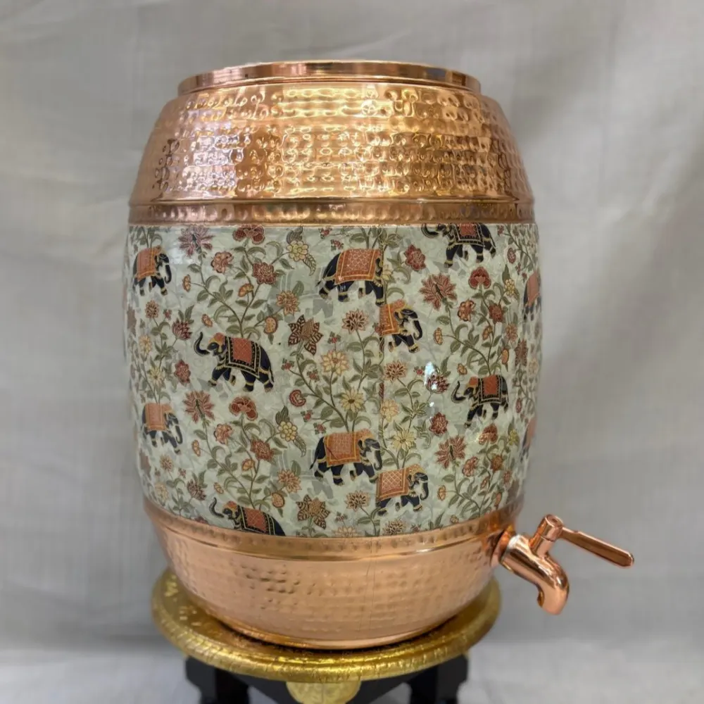 Copper Dhol Matka (Mathad + Floral Graphics) 16 Litre with Tap