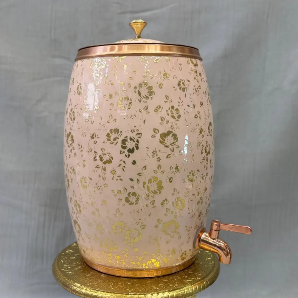 Copper Dhol Matka (Floral Gold Print Graphics) 11 Litre with Tap