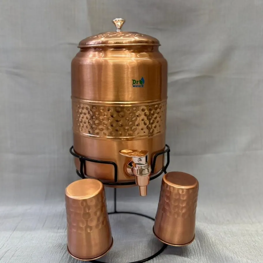 Copper Water Dispenser Set (5 Litre) with Tap, Stand & 2 Glasses