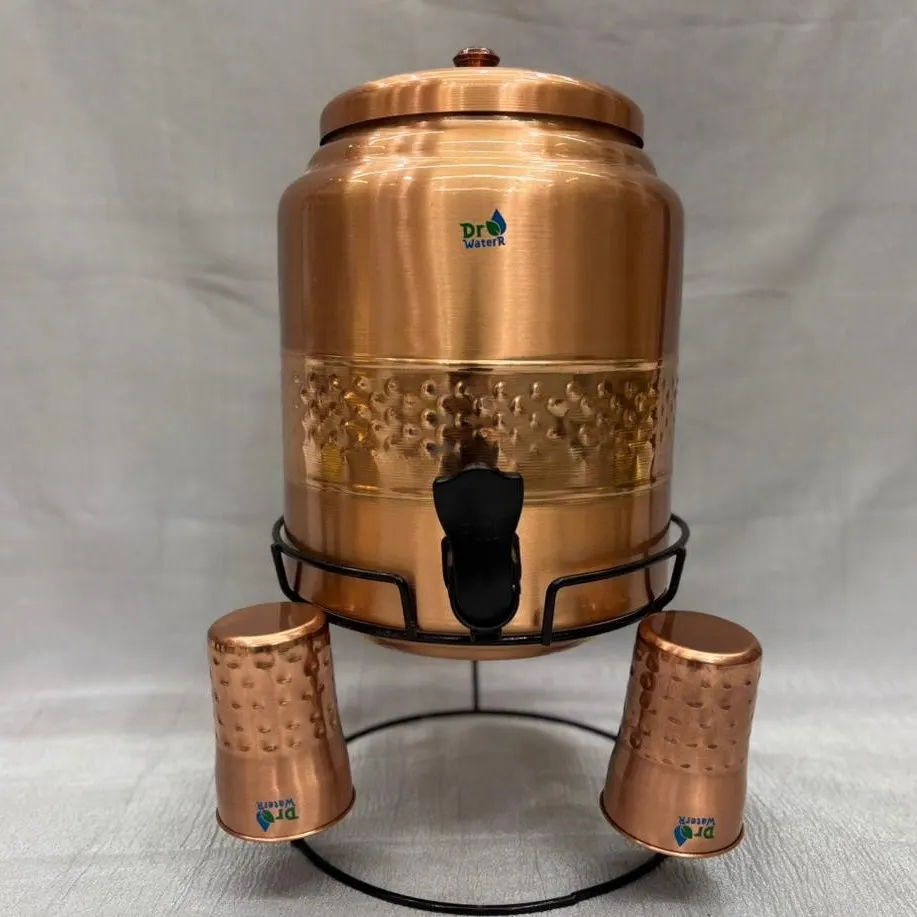 Copper Water Dispenser Set (10 Litre) with Tap, Stand & 2 Glasses