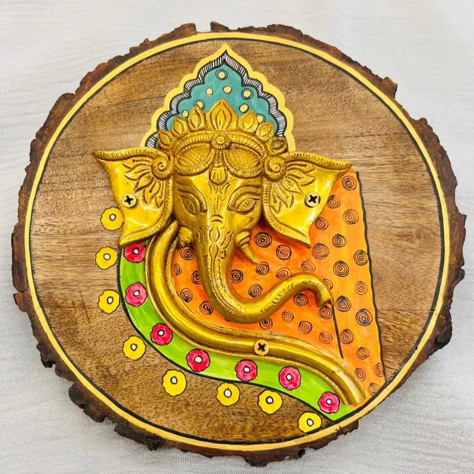 Handcrafted Wooden Wall Frame with Ganesha Face (9 Inch)