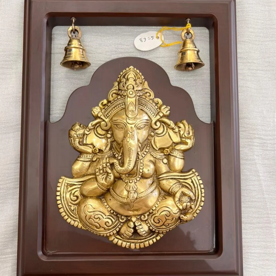 Wooden Ganesha Wall Frame with Hanging Bells (12.5 x 9.5 Inch)