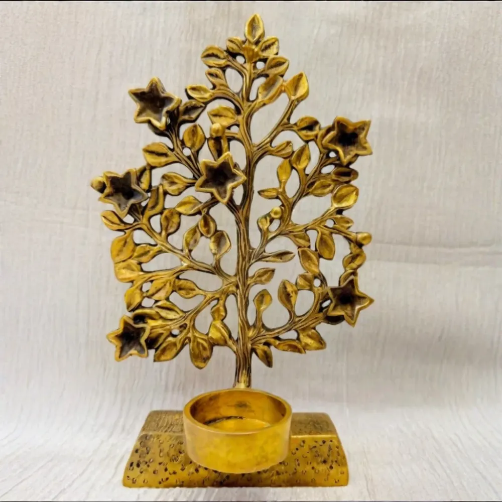 Kalpavruksha Brass Tree with Diya (9.5 Inch) | Decorative Tree of Life Candle Holder