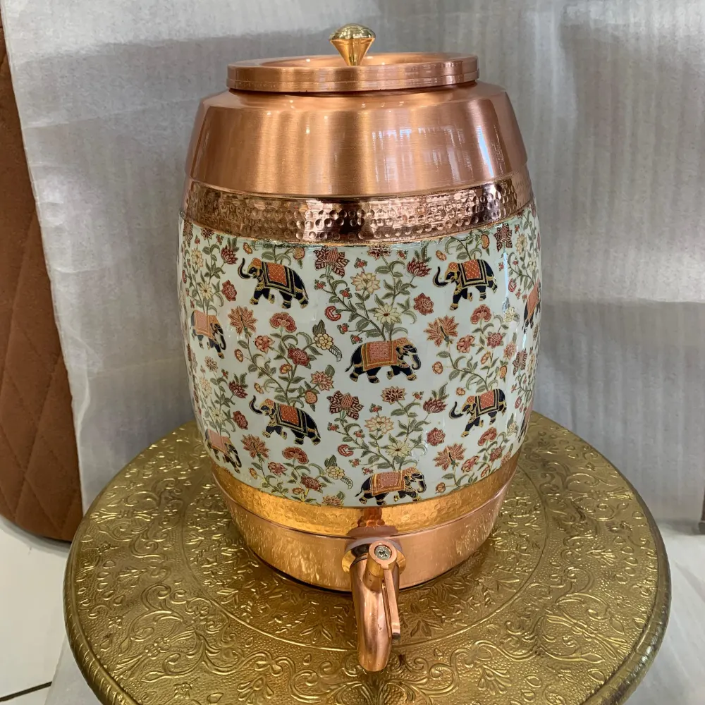 Handcrafted Copper Water Dispenser with Elephant Floral Design & Brass Tap
