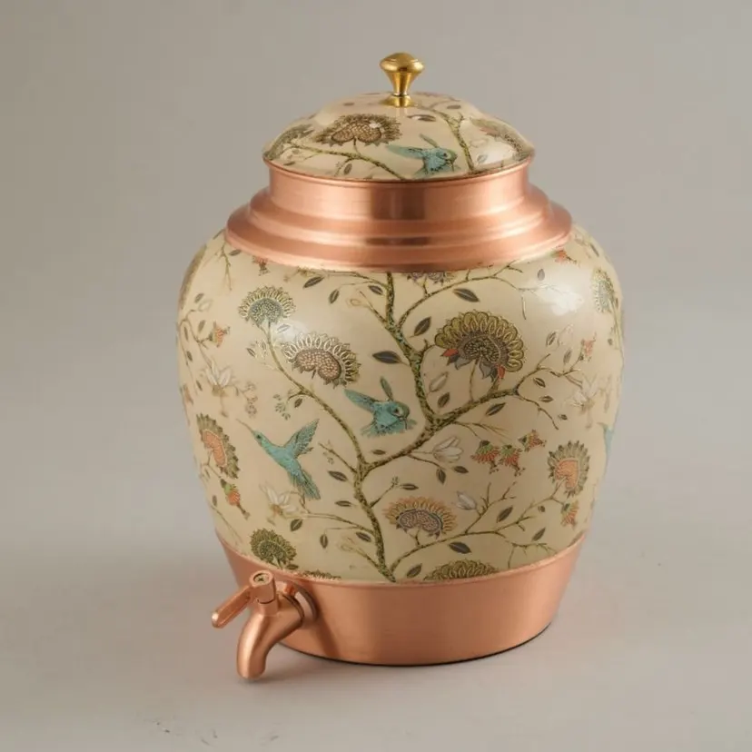 Premium Copper Water Dispenser with Floral & Bird Design