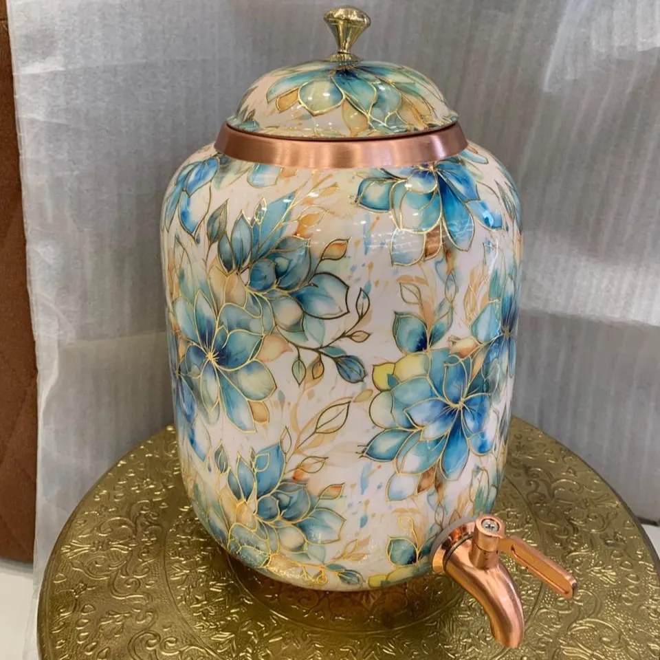 Premium Copper Water Dispenser with Blue Floral Design