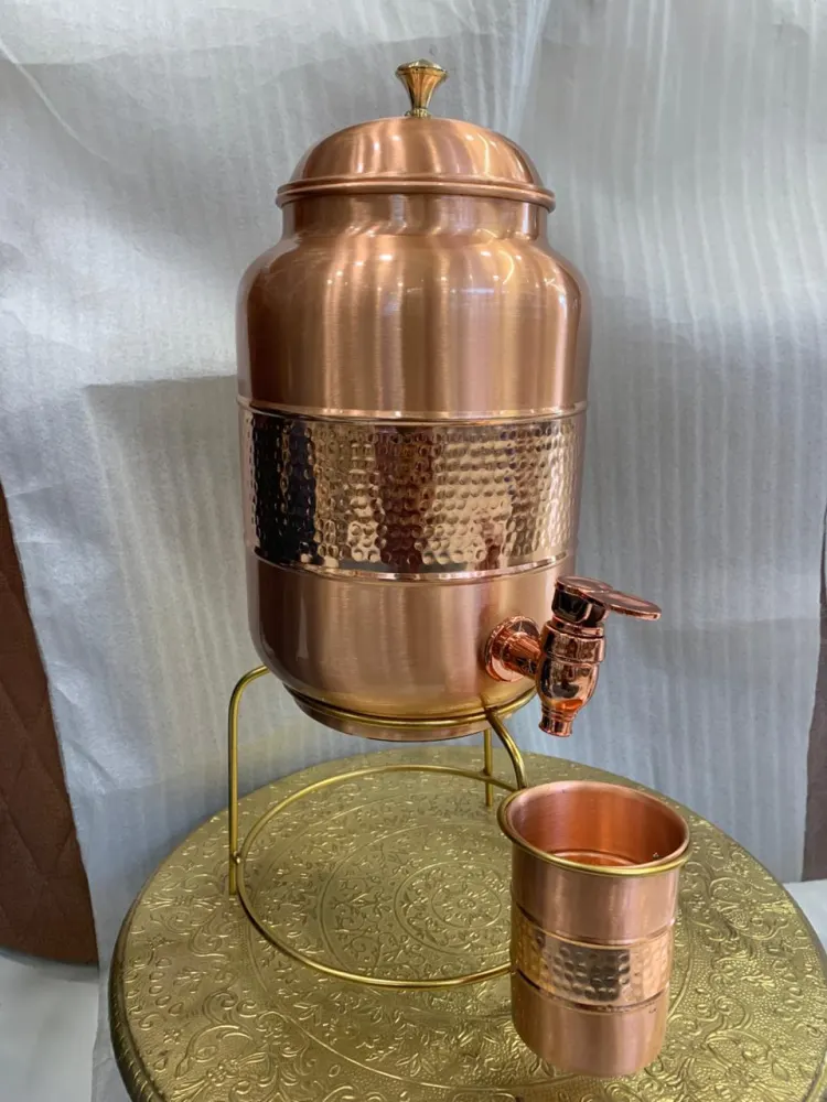 Premium Hammered Copper Water Dispenser with Stand & Copper Glass