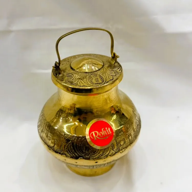 Handcrafted Brass Matka with Lid & Handle (4.8 Inch) | Traditional Brass Kalash for Pooja & Home Decor