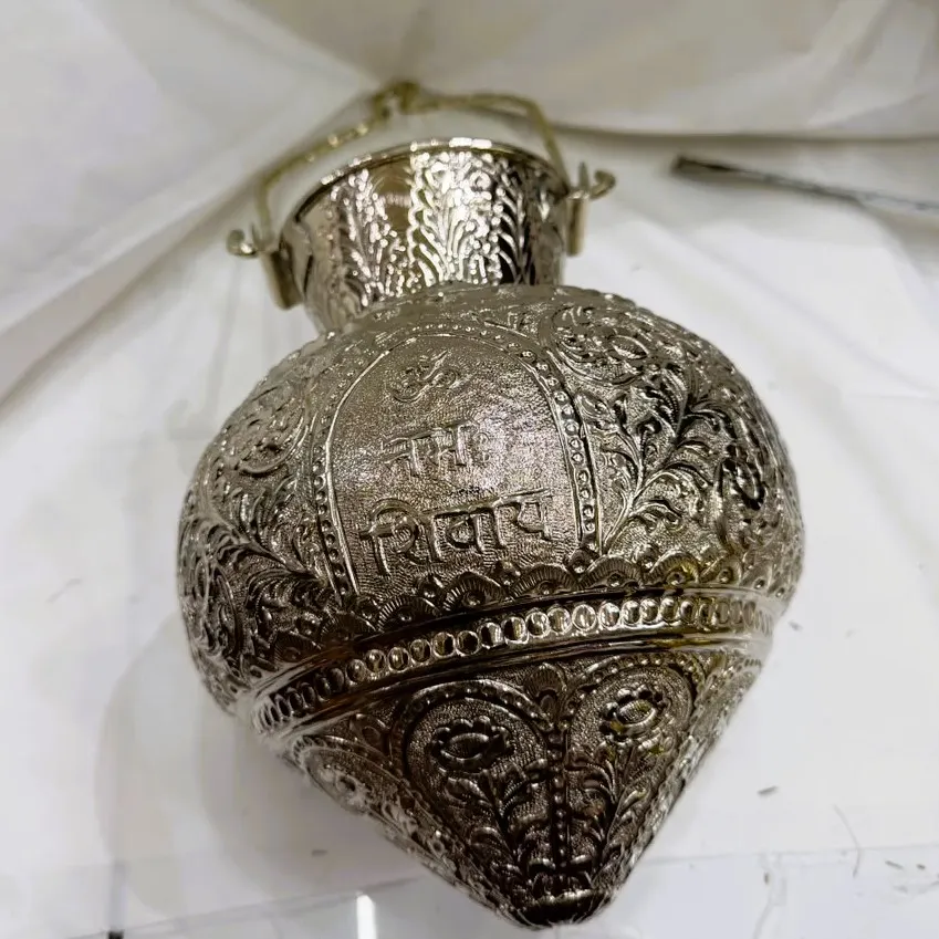 Pure German Silver Ganga Kalash (11 Inch) | Handcrafted Engraved Pooja Kalash for Religious Ceremonies