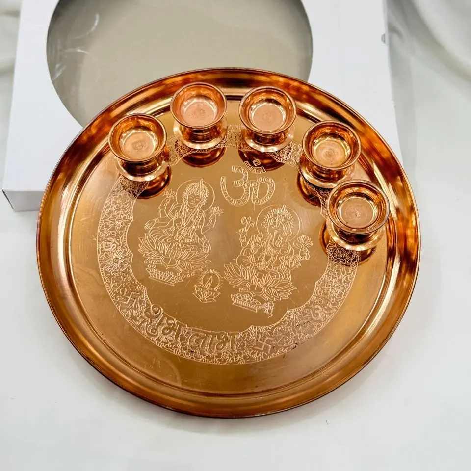 Pure Copper Karwa Chauth Pooja Thali Set with 5 Diyas – Engraved Lakshmi Ganesha Plate