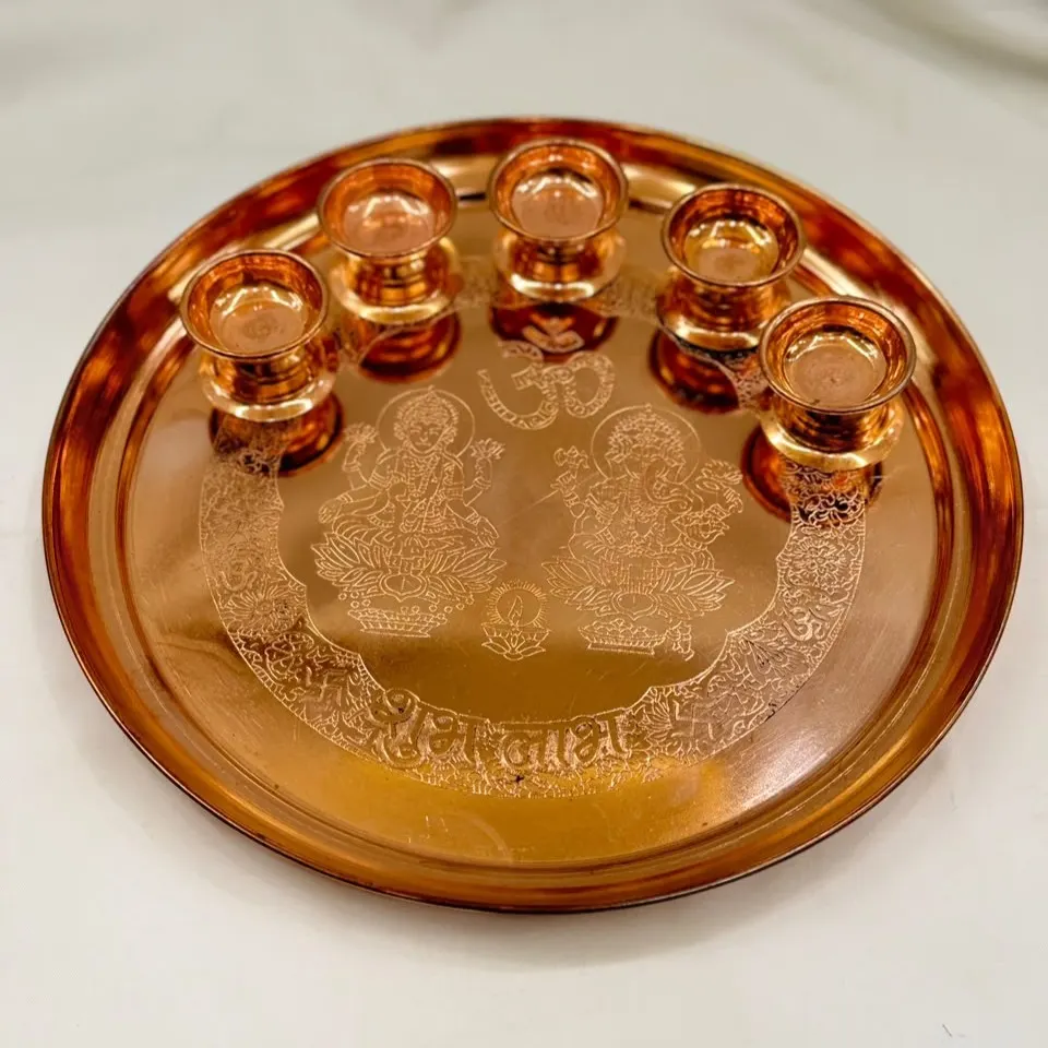 Pure Copper Karwa Chauth Pooja Thali Set with 5 Diyas – Engraved Lakshmi Ganesha Plate product image