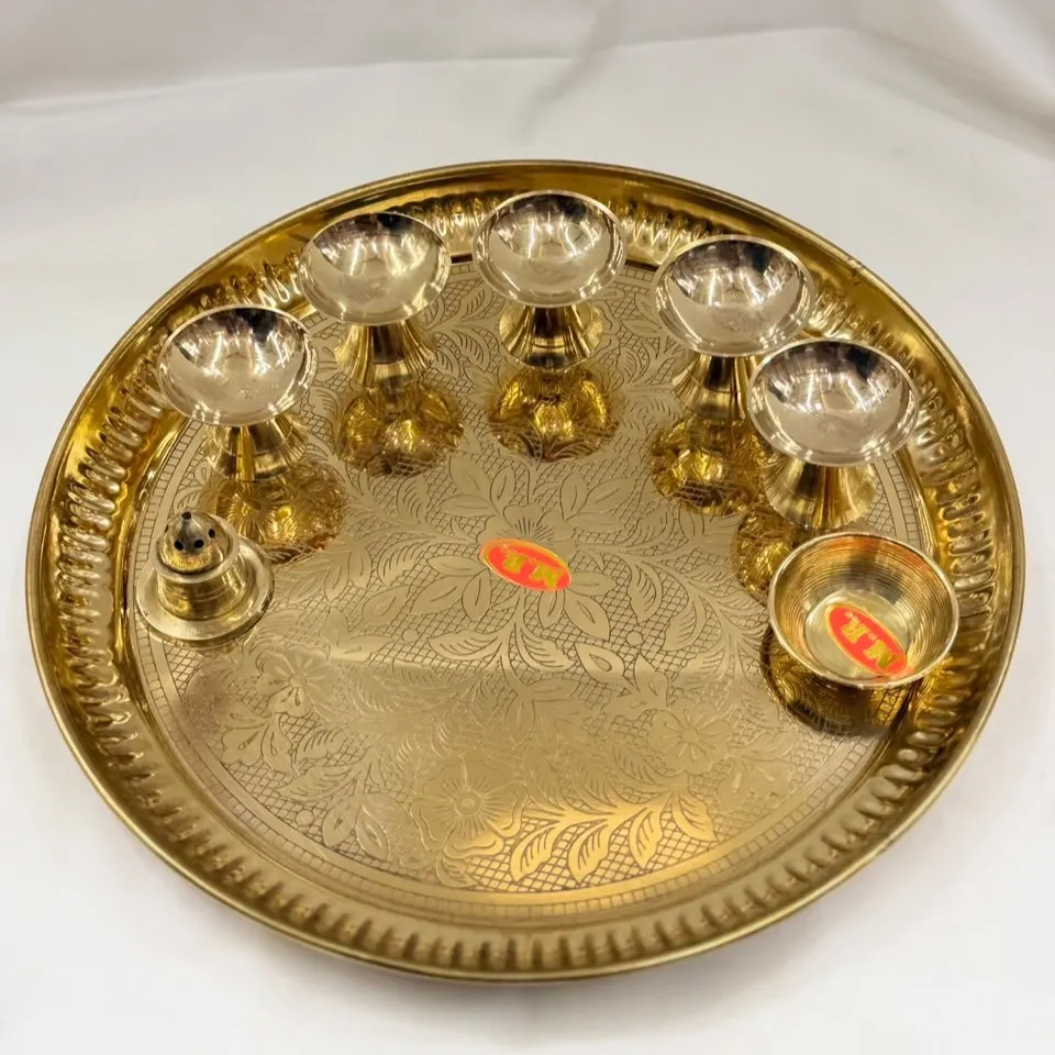 Pure Brass Pooja Thali Set with 5 Diyas, Agarbatti Stand & Kumkum Bowl