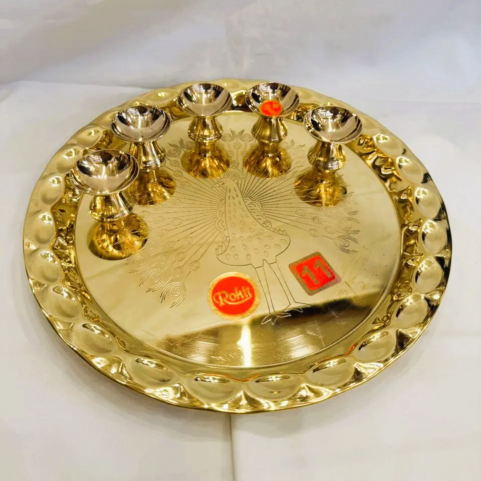 Pure Brass Pooja Thali Set with 5 Diyas – Peacock Engraved Brass Aarti Plate | 11 Inch