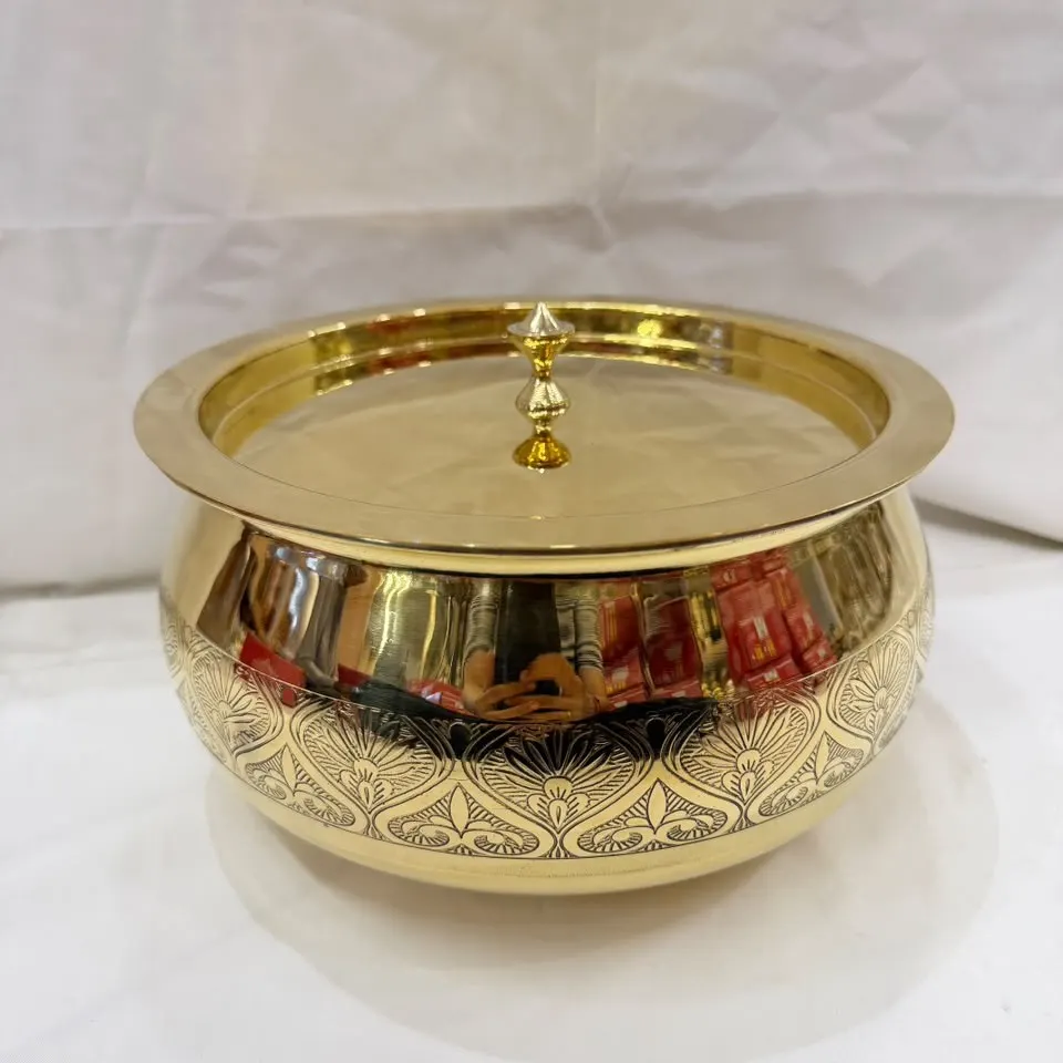 Pure Brass Etching Handi with Lid | Engraved Traditional Brass Cooking Pot