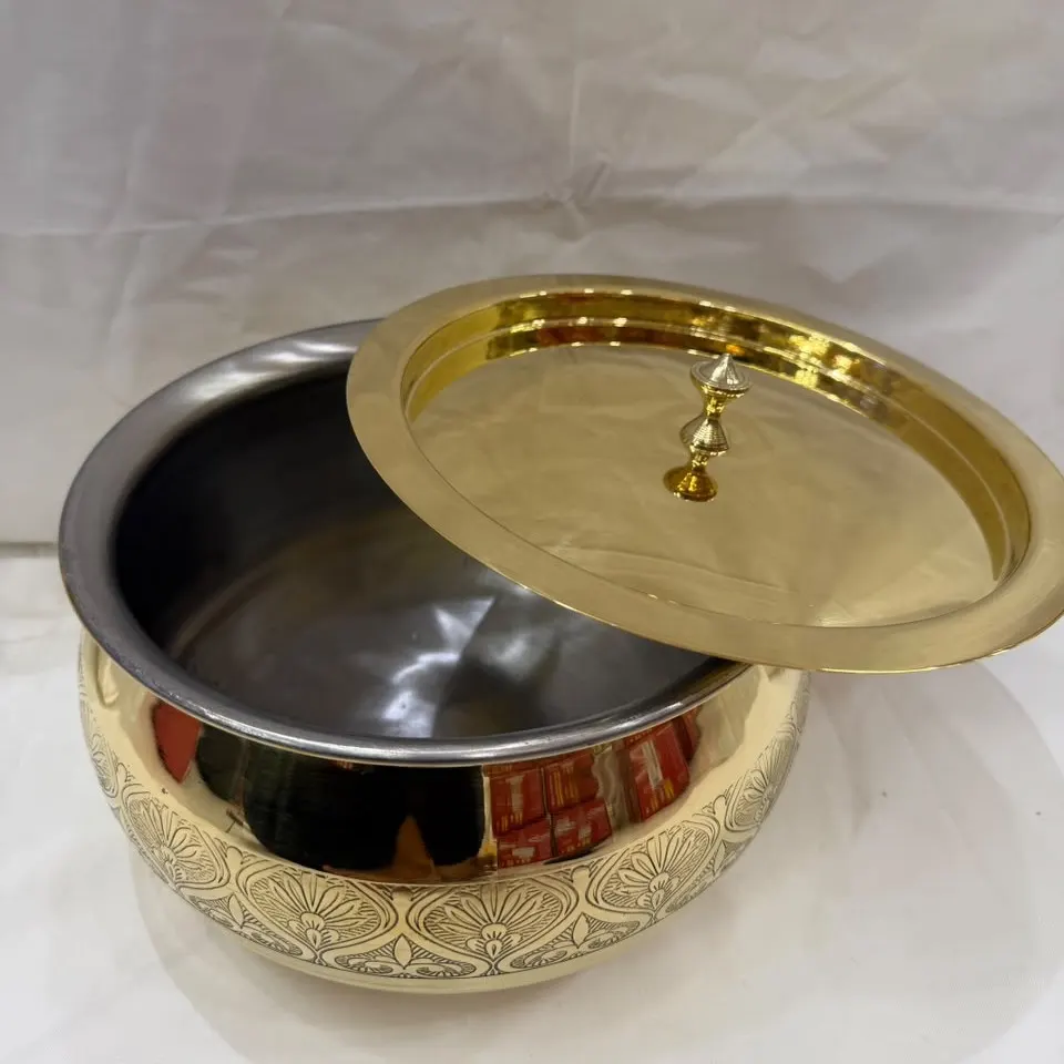 Pure Brass Etching Handi with Lid | Engraved Traditional Brass Cooking Pot product image