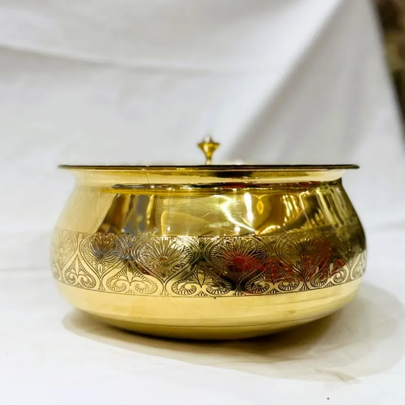 Pure Brass Etching Handi with Lid | Engraved Traditional Brass Cooking Pot product image
